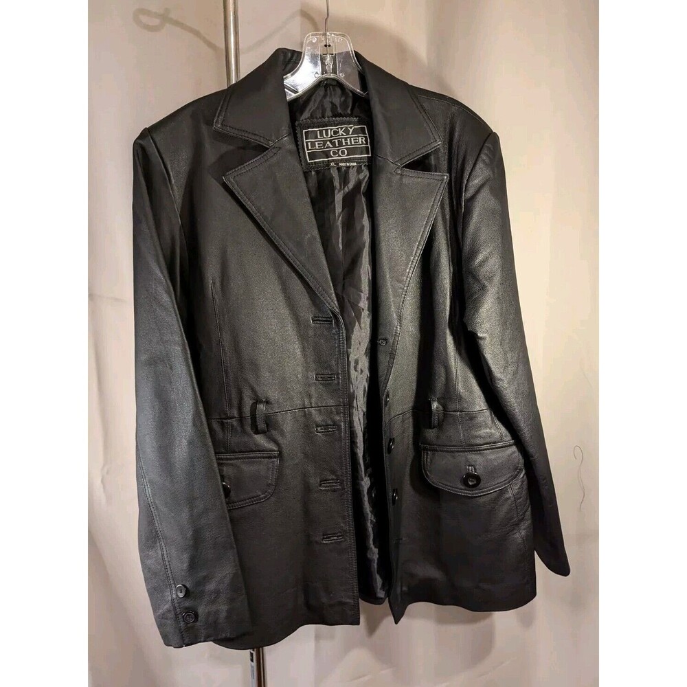 VINTAGE LUCKY LEATHER COMPANY BLACK LEATHER JACKET WOMENS XL 90's Y2K (A17)